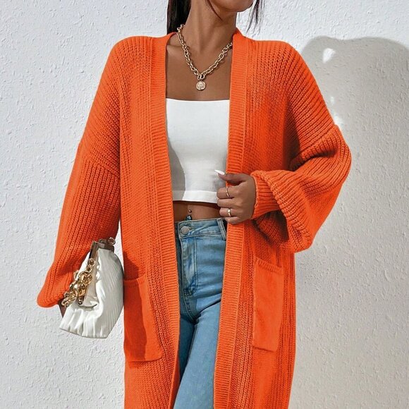 Orange Casual Women's Dual Pocket Drop Shoulder Duster Cardigan - Picture 3 of 8